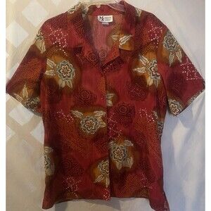 MAGGIE SWEET Glitter & Snow Cranberry Red Floral Art Button Close Top L